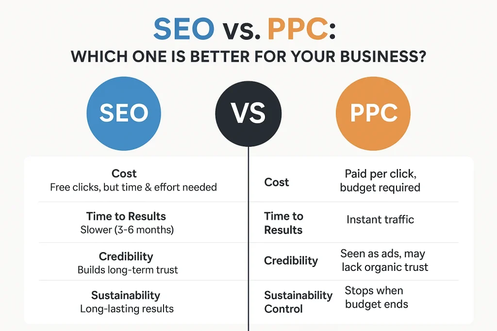Infographic comparing Search Engine Optimization and PPC in terms of cost, speed, and control metrics