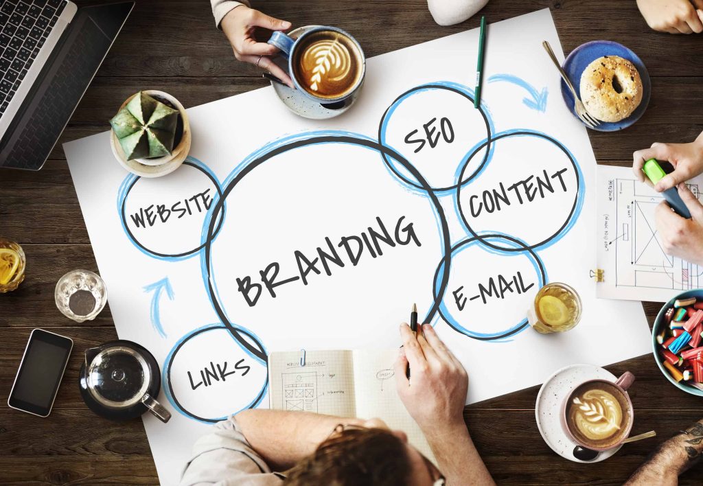 Abstract illustration representing digital branding with icons of marketing tools and online platforms.